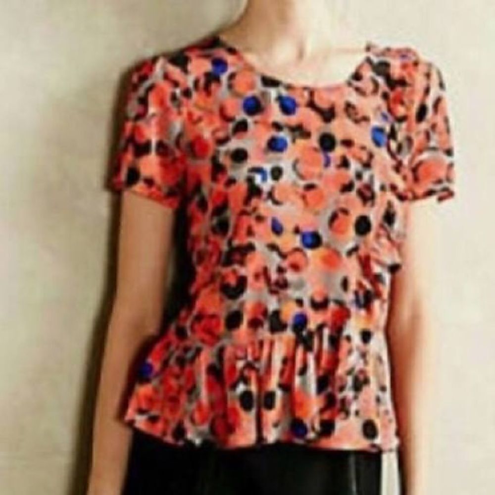anthropologie hd in paris 100% silk polka dot ruffle short sleeve top size 10